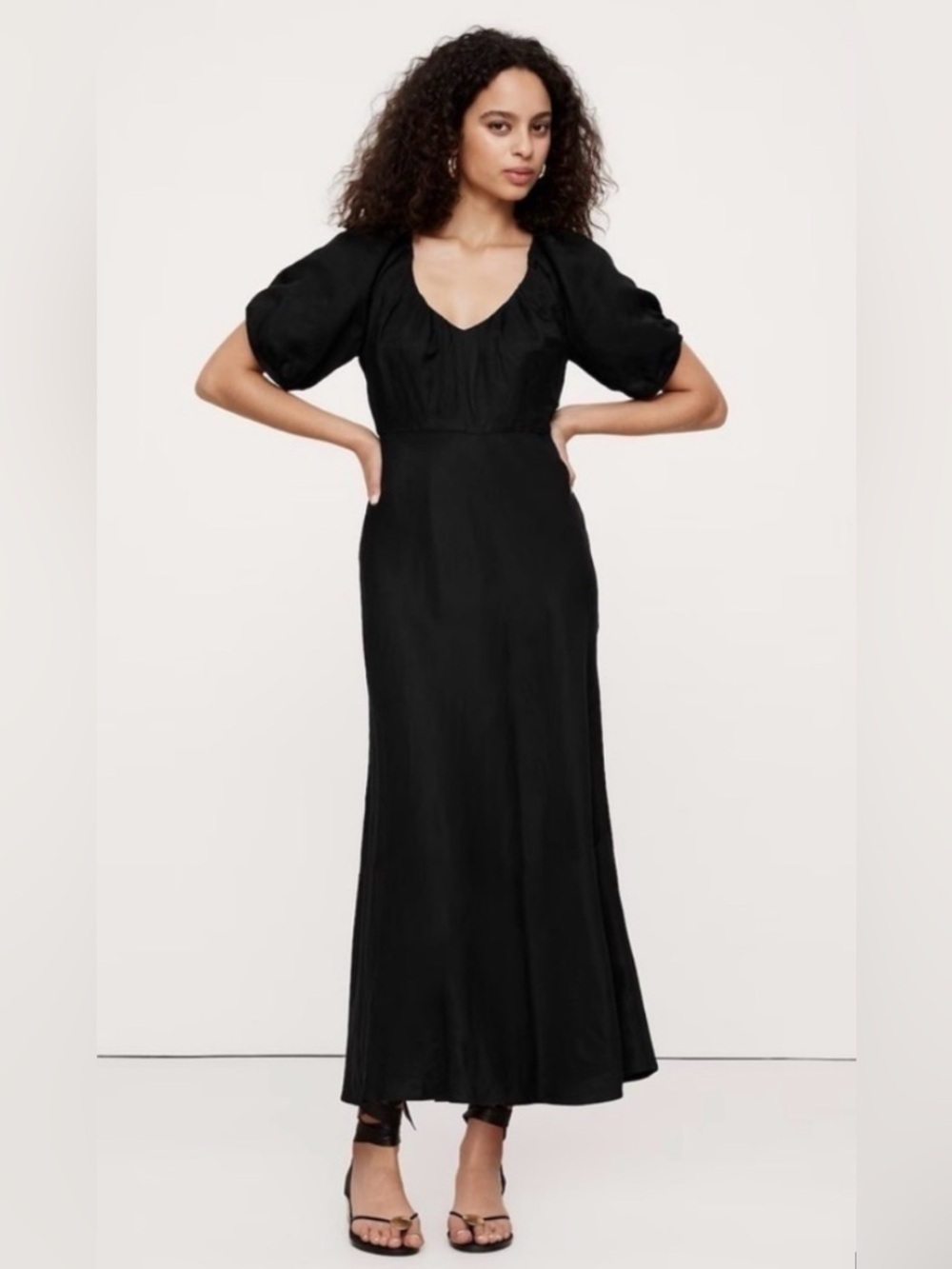 Banana Republic Black Puff Sleeve viscose Linen Open Back Tie Maxi Dress 12Tall